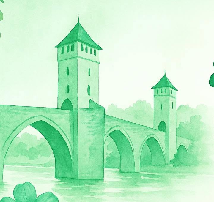 Le pont Valentré à Cahors, illustration aquarelle verte